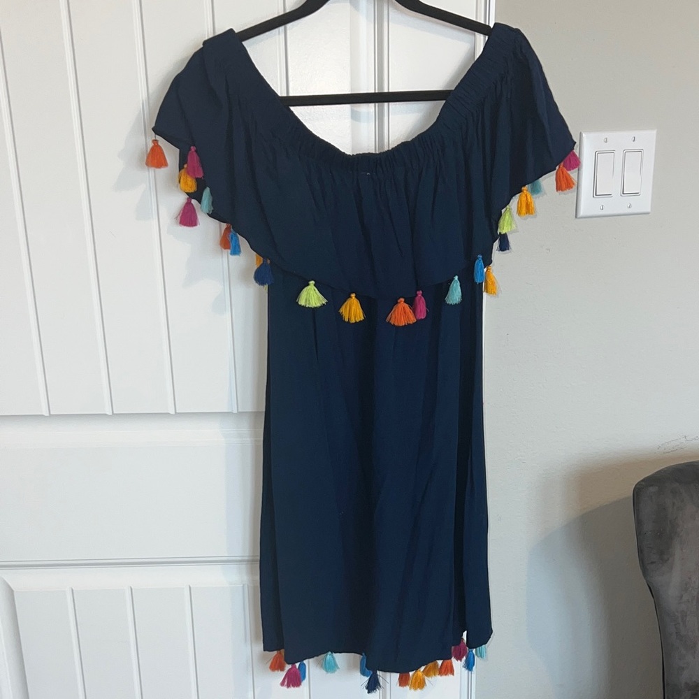 Escapada Navy Dress | Swimsuit Cover Up with Colorful Tassels - Picture 3 of 7